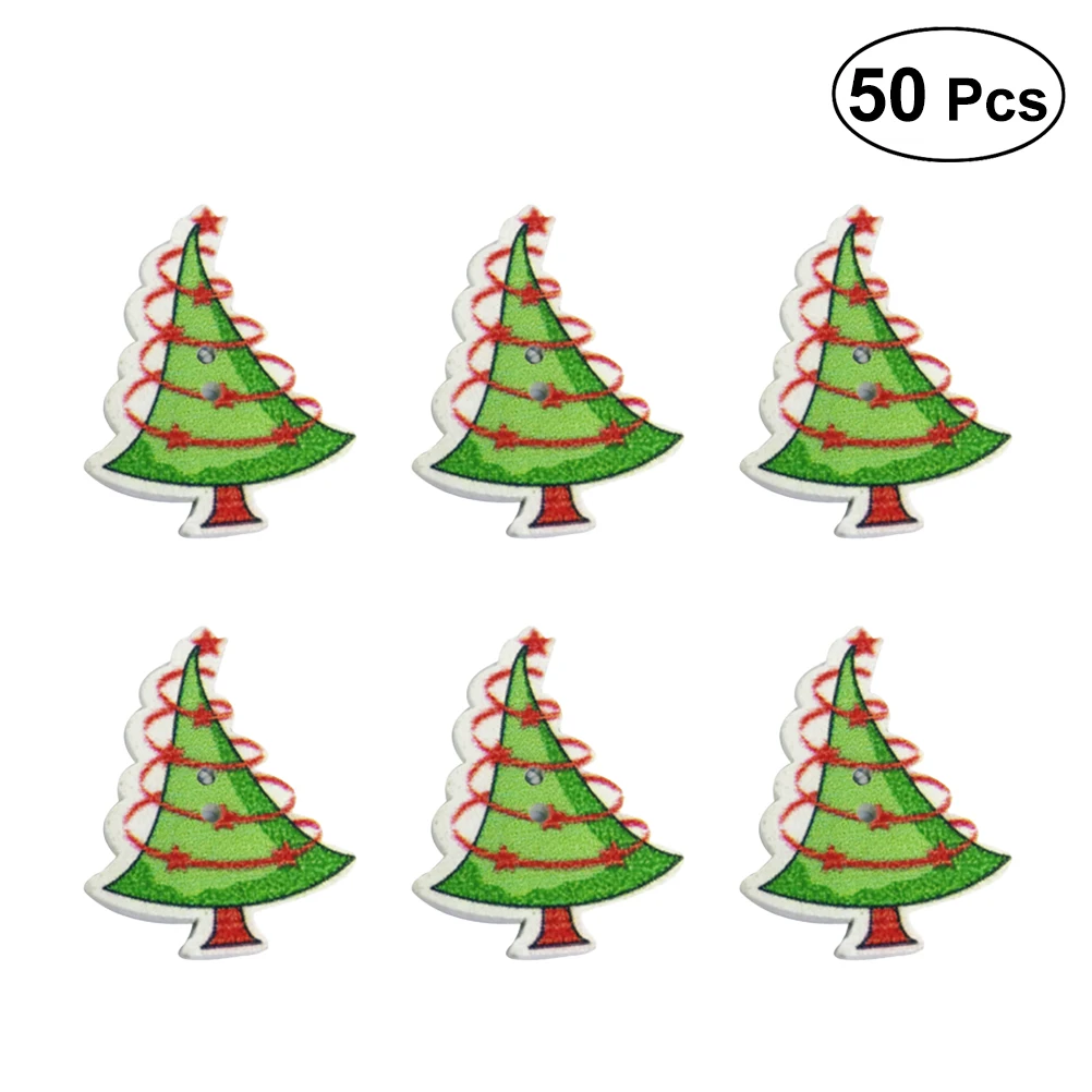 

50Pcs Wooden Buttons Tree Shaped Painted Christmas Sewing Buttons Two-hole Buttons for Scrapbook Sewing DIY Craft Kniting