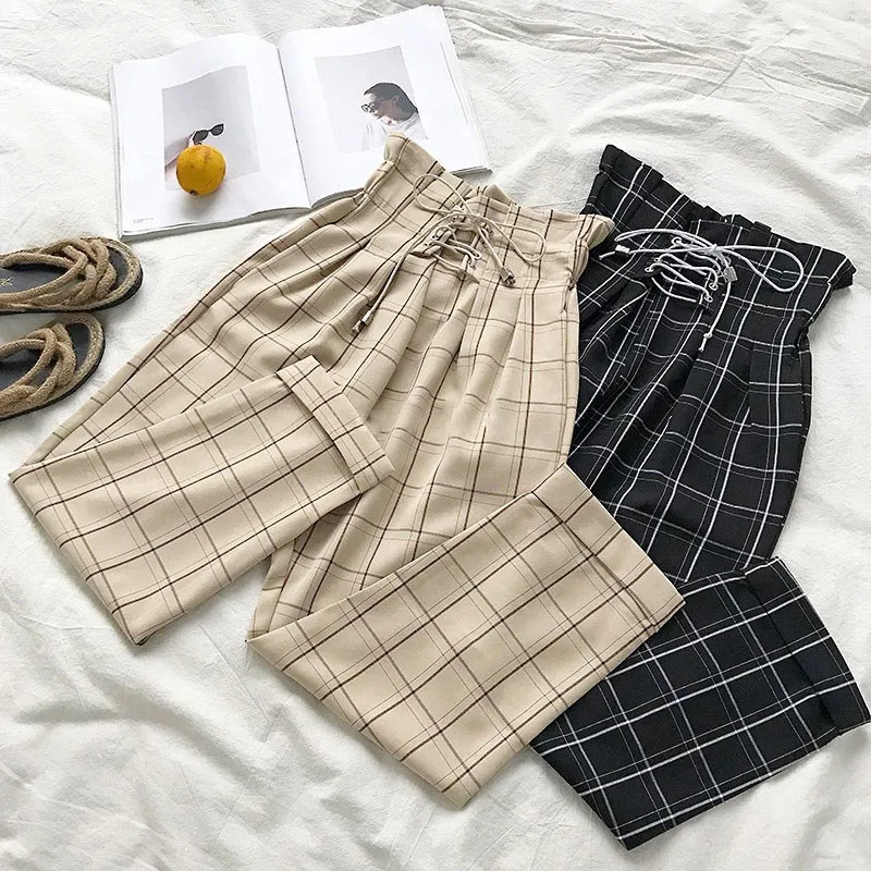 Japanese Harajuku Plaid Casual Pants Women 2019 Fashion Lace Up High Waist Loose Harem Pants Japanese Harajuku Plaid Casual Pants Women 2019 Fashion Lace Up High Waist Loose Harem Pants