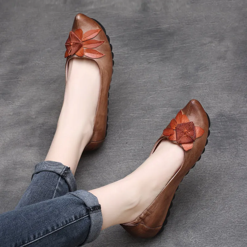 Paresseux Chaussures Femme Printemps D'été Véritable S Brown Ballet De Cuir En Femmes Mocassins Slipona Fleur Espadrilles Dames xP0Tqqw