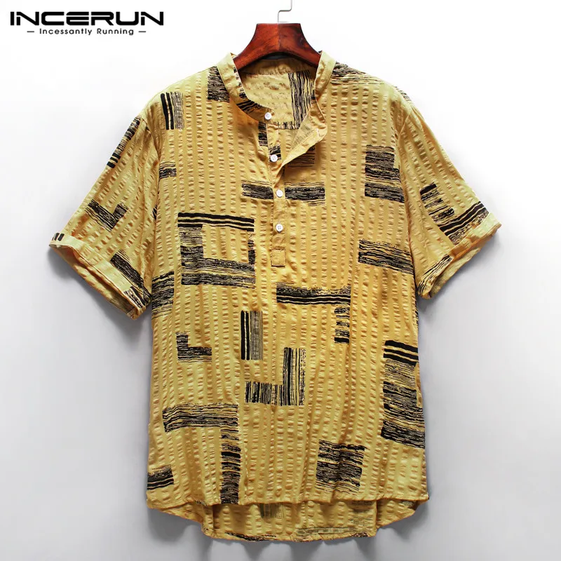 

INCERUN Men Casual Shirt Print Streetwear Stand Collar Button Short Sleeve Tops 2019 Camisa Masculina Men Hawaiian Shirts S-5XL