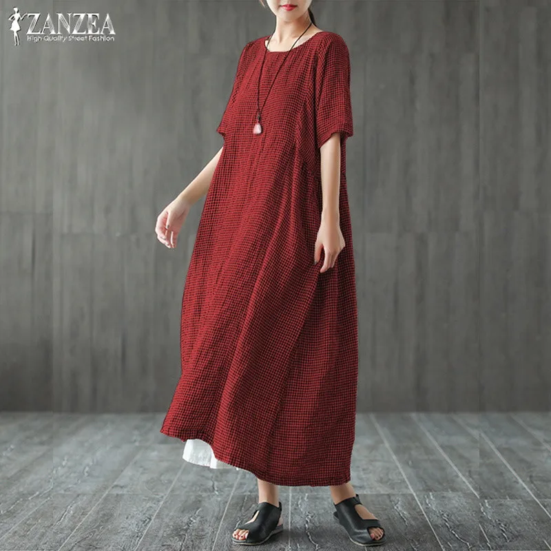 ZANZEA 2019 Check Summer Dress Women's Sundress Female Short Sleeve Summer Vestido Plus Size Vintage Casual Robe Femme Kafan 5XL