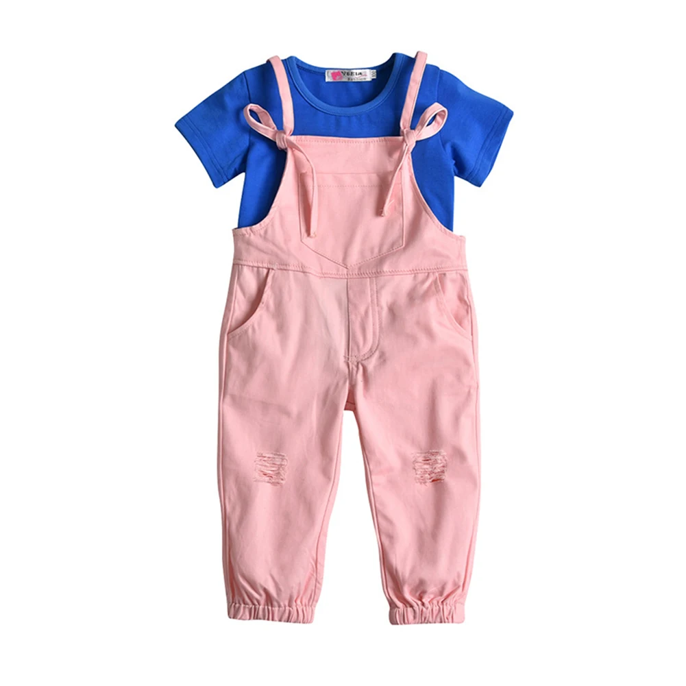 

Little Girls Outfit Royalblue Short Sleeve Tee Shirt + Pink Jumpsuit