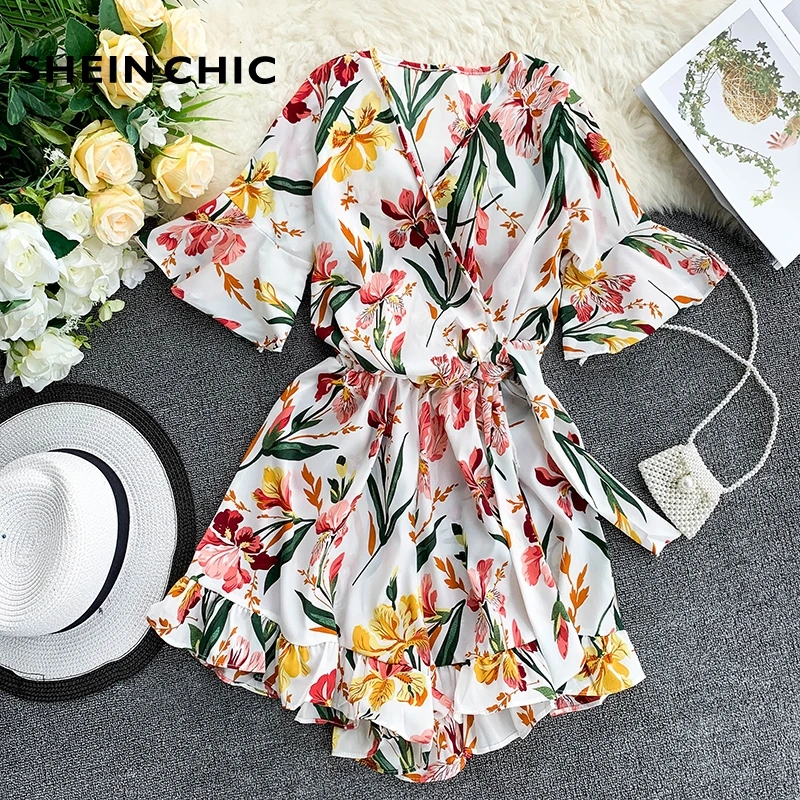 

Bohemian Summer Vacation Beach Women Rompers Floral Print Ruffles Elegant Playsuits With Sashes V Neck Waist Female Jumpsuits