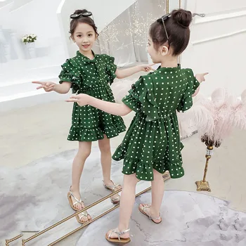 

Casual Red Polka Dot Chiffon Dress For Girls 8 9 10 11 12 Years Princess Dresses Teenage Pretty Bow Ruffle Beach Dress Kids