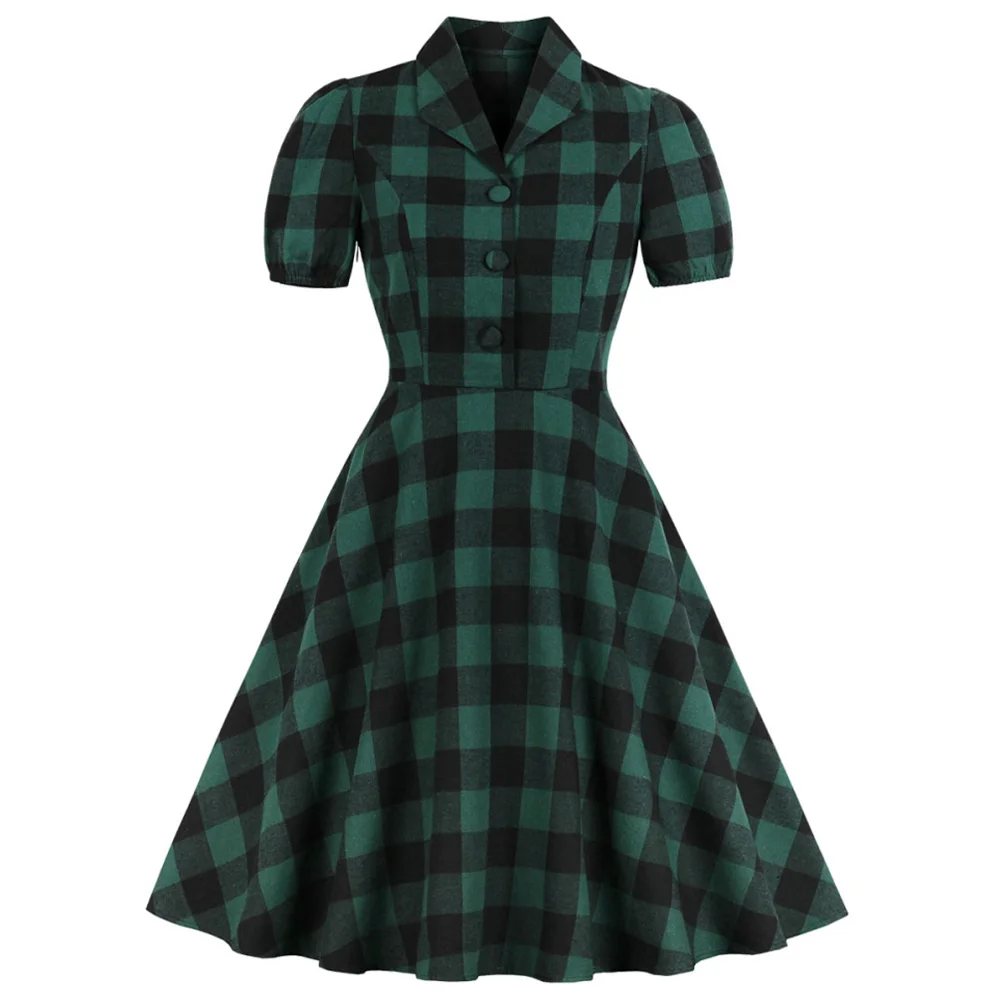 

Joineles Women Plaid Vintage Dress Rockabilly Robe Summer Lapel Short Sleeve Button Pocket Dress High Waist A-Line Party Dresses