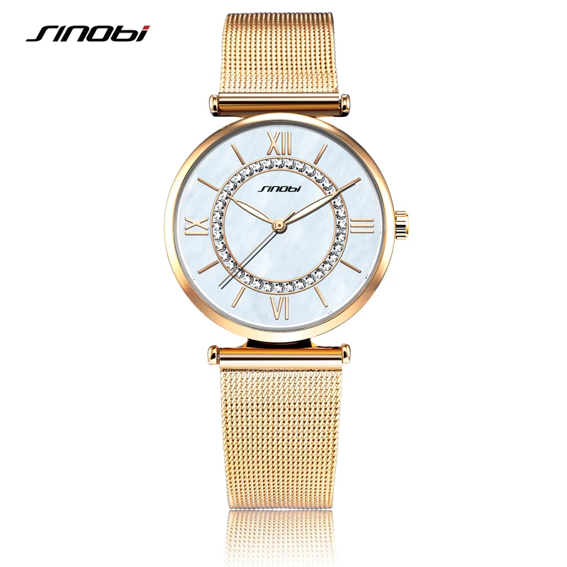 Goedkoop SINOBI Fashion Golden vrouwen Diamanten Horloges Top Luxe Merk Dames Gen egrave;ve Quartz Klok Vrouwelijke Armband Horloge 2017