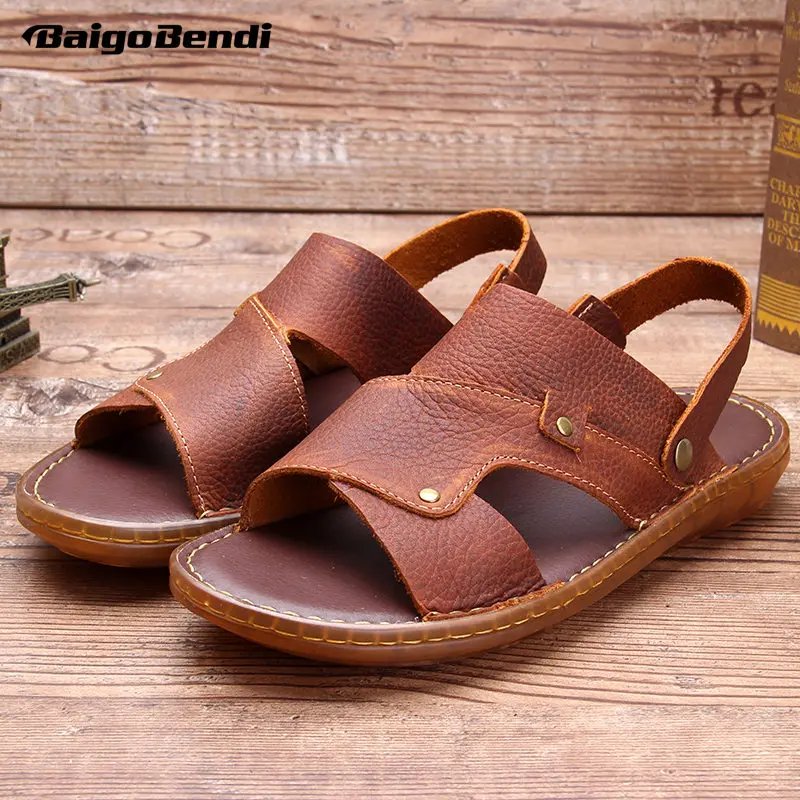 

Breathable And Comfortable Father Slippers Outdoor Men Real Leather Summer Slip On Slides Middle aged Man Shoes
