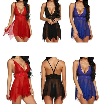 

Women Lace Sexy Lingerie V Neck Babydoll G-string Sleepwear Ladies Underwear Night Sets