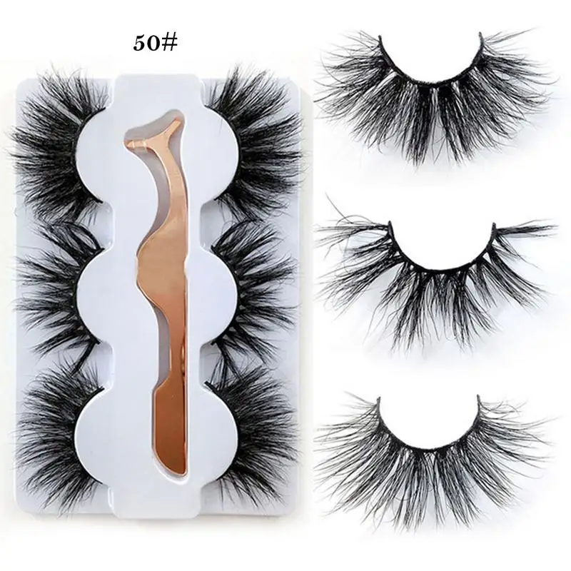 3 Pairs 25MM 6D Imitated Mink False Eyelashes Cross Thickened Reusable Natural False Eyelash With Curler Popular Eyelash Makeup
