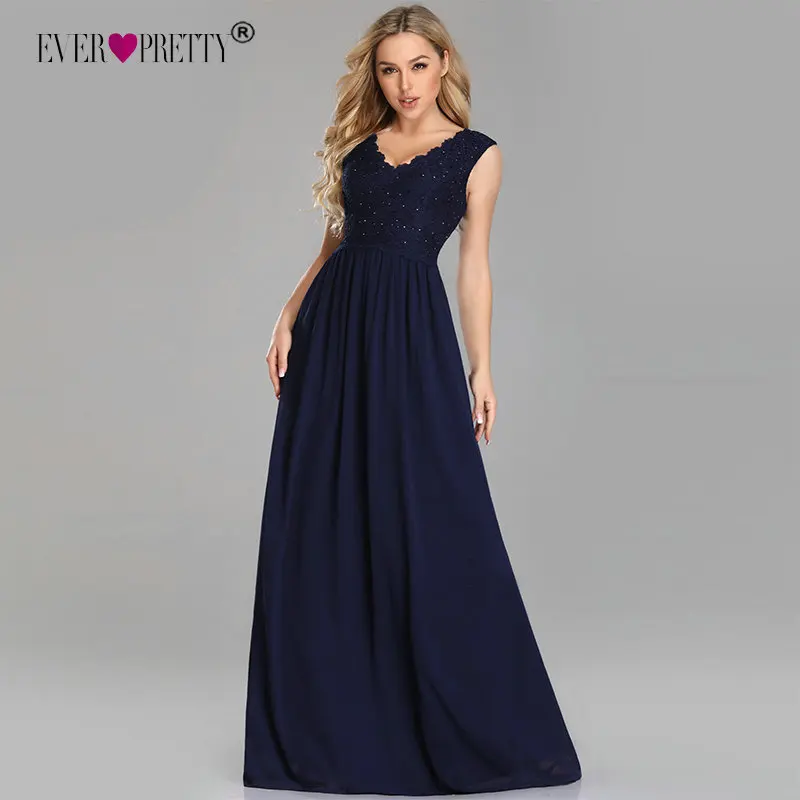 

Navy Blue Evening Dresses Ever Pretty Elegant A-line V Neck Appliques Beaded Lace Long Formal Party Gowns For Wedding Guest 2019