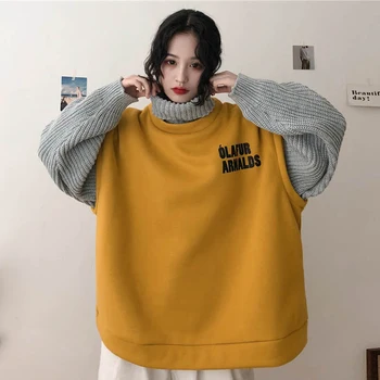 

Fake two-piece knit turtleneck pullover BF wind Sweatshirt casual loose plus velvet thickening tops Female sweet cool girl coat