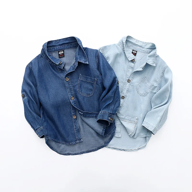 

New children's long-sleeved denim shirt. Boys soft tops. boy shirt Solid.