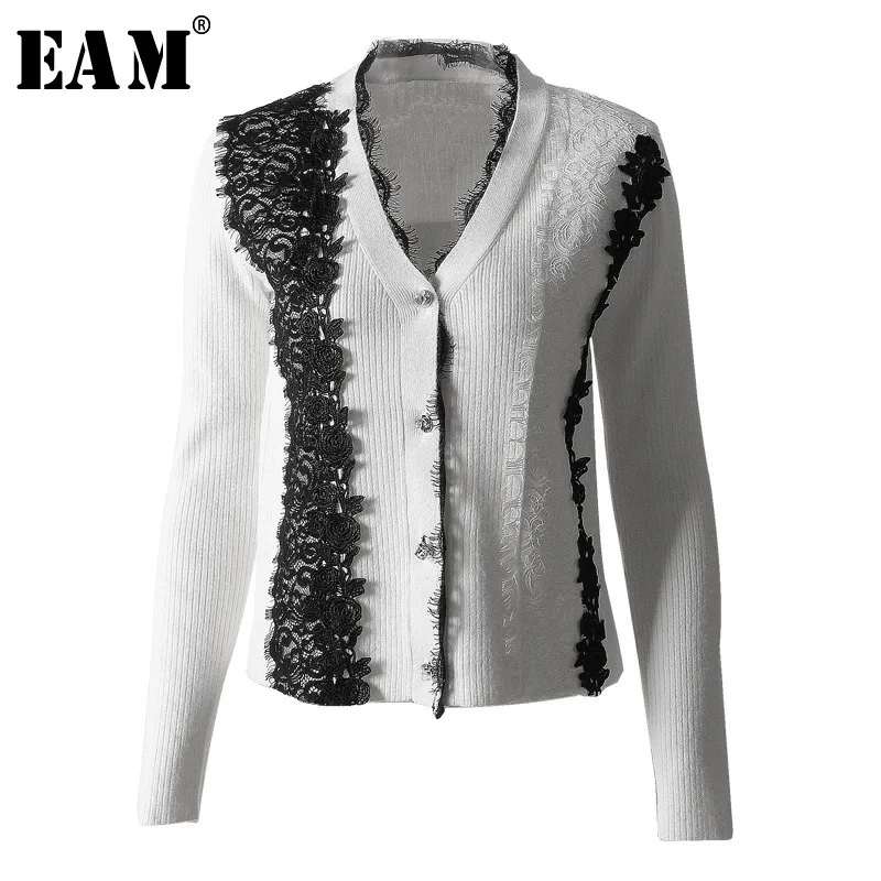 

[EAM] 2019 New Spring V-collar Long Sleeve Black Lace Temperament Hit Color Stitch Loose Knitting Sweater Women Fashion JO653
