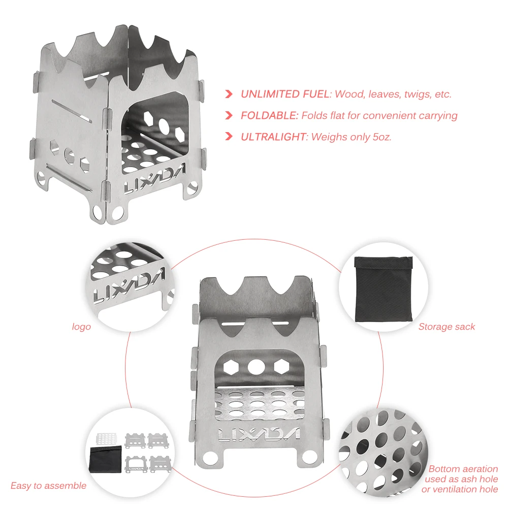 Lixada походная плита, складная дровяная плита с спиртовым лотком, сверхлегкая карманная горелка из нержавеющей стали для пикника, пешего туризма