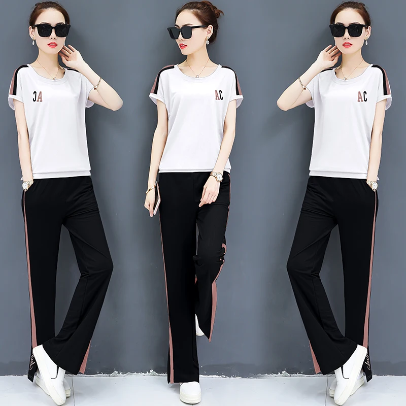 

Wide-Legged Pants Women 2019 Summer New Junior High School Students' Leisure Clothes Suit Trousers Short Sleeve T-Shirt M-3XL