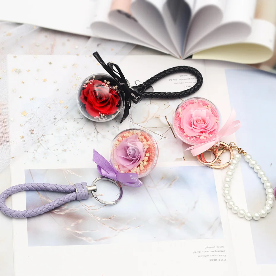 

Fashion Diy Preserved Eternal Flowers Cute Key Link Real Rose Ball Real Freshing Roses Flower Christmas Valentine's Day Gifts