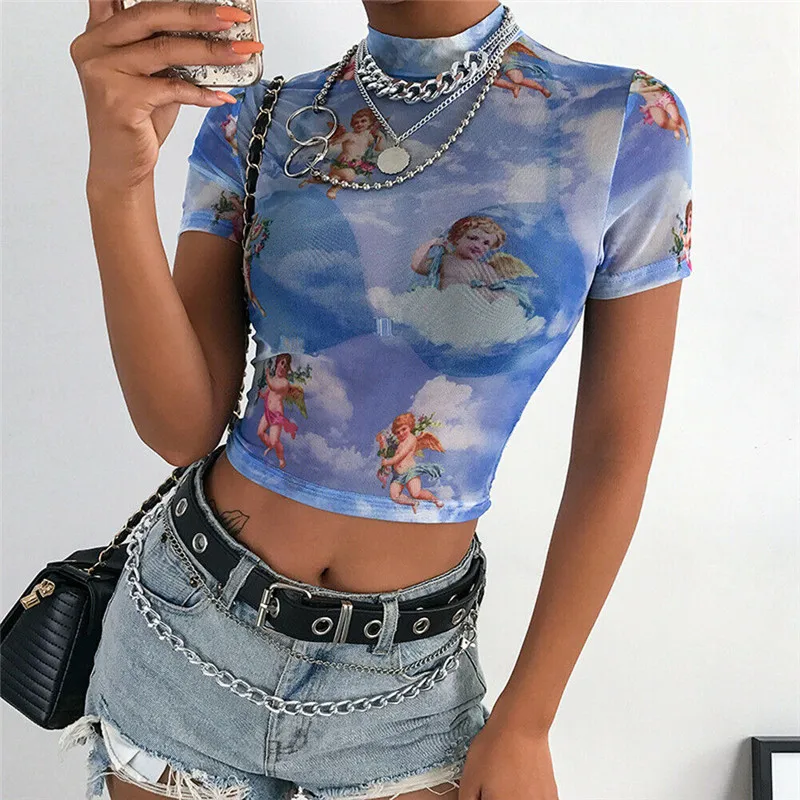 

Women's See-through Floral Angel Print Mesh Sheer Crop Tops Lady Fashion Summer Slim T-Shirts Casual Skinny Women Clothing