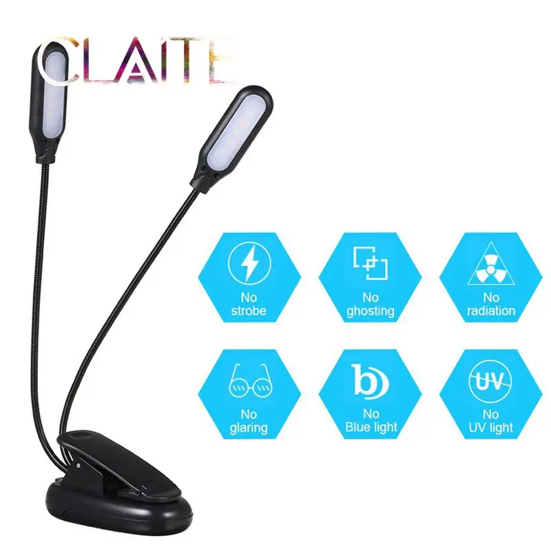 

CLAITE Double heads 10 LED Clip Table Light 3 Modes Dimming Battery powered Desk Lamp for Reading working