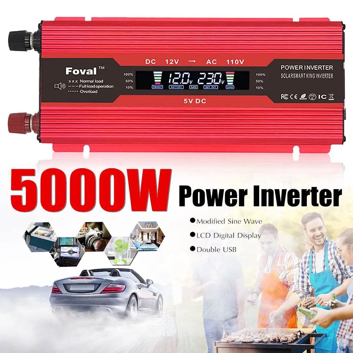 

Dual USB LCD Digital Display 12/24V-220V P eak 5000W Modified Sine Wave Power Inverter Converter Voltage Transformer LCD Display