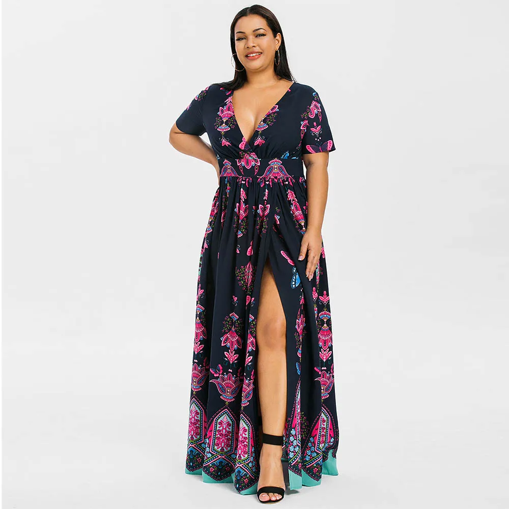 

Rosegal Plus Size Printed Maxi Split Dress Short Sleeves Bohemian Beach Style Floor-Length Maxi Dress Bodycon Long Party Dress