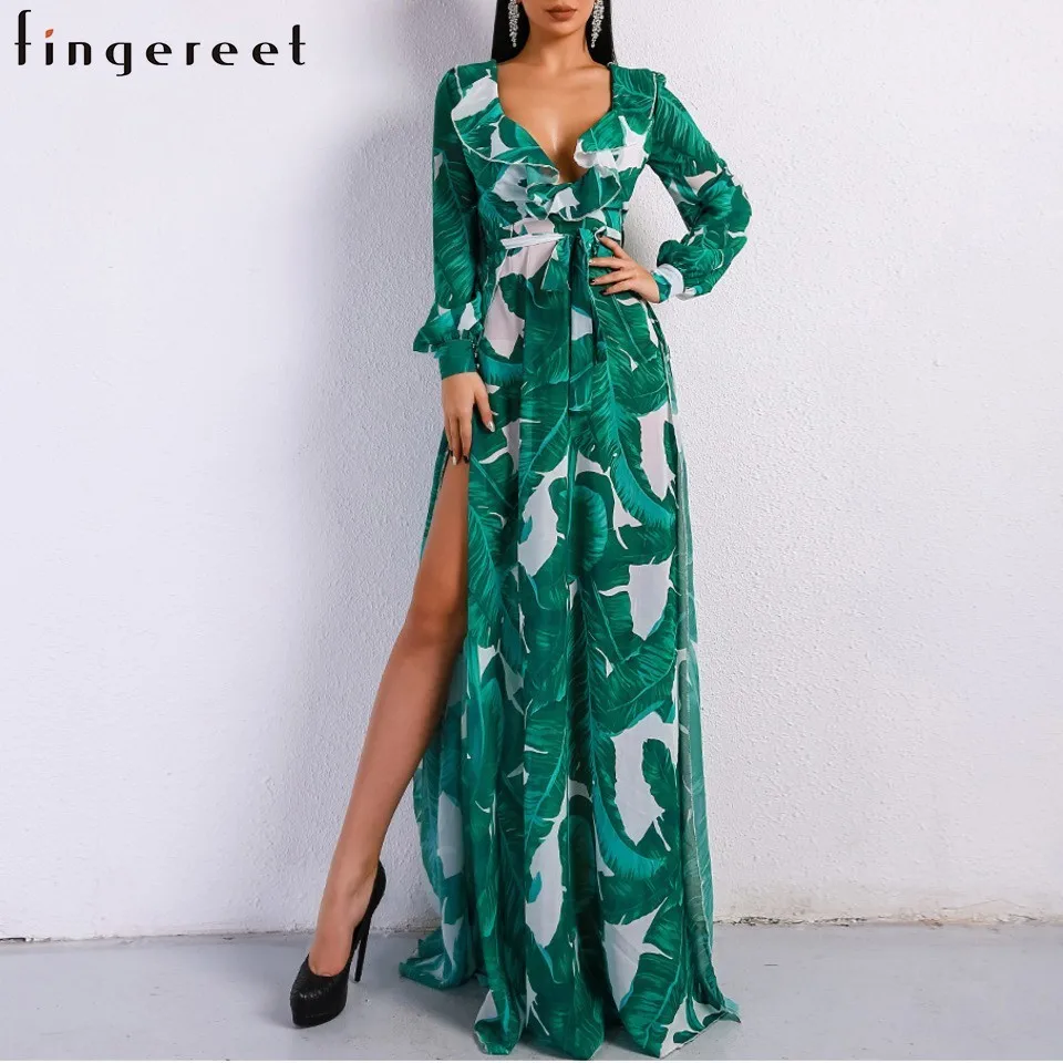 Hoge split sexy Maxi jurk met bloemen Afdrukken Strand Lange Mouw Taille Bandage Midden Van Schimmel Lotusblad Rand vrouwelijke jurk Hoge split sexy Maxi jurk met bloemen Afdrukken Strand Lange Mouw Taille Bandage Midden Van Schimmel Lotusblad Rand vrouwelijke jurk