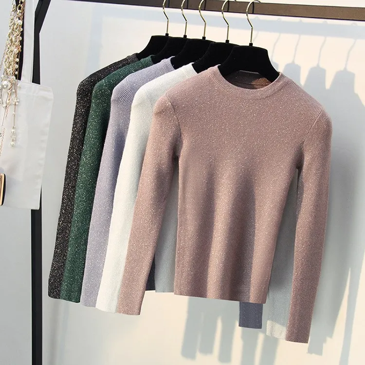 2019 Women O-Neck Knitted Tops 2019 New Spring Solid Shiny Long Sleeve Pullover  Sweater Femme Slim Jumper
