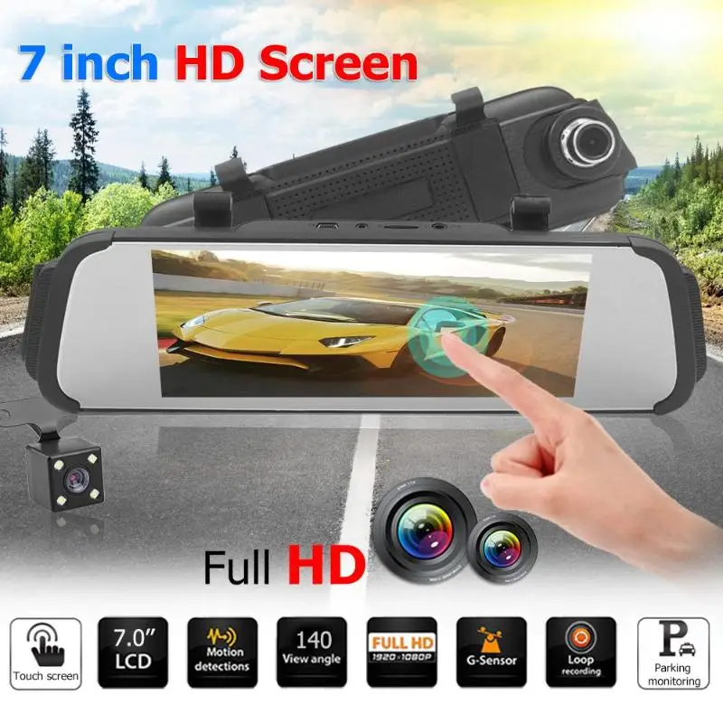 

7 Inch Touch Screen Dual Lens Car Rearview Mirror DVR Camera Night Vision Dash Cam Video Recorder three axis G-sensor 140 Degree