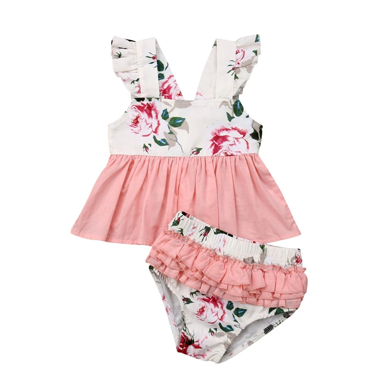  Newborn Baby Girls Ruffle Flowers Top Dress Shorts Pants Briefs Clothes Outfits