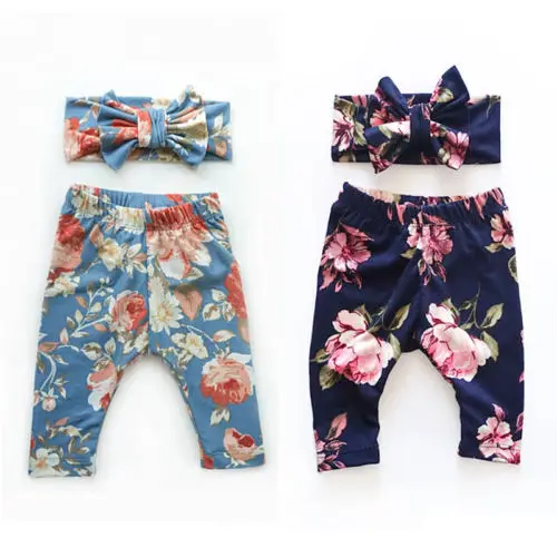 

2019 Infant Toddler Baby Girls Floral Print Pants Trousers+Headbands Cute Outfits Set