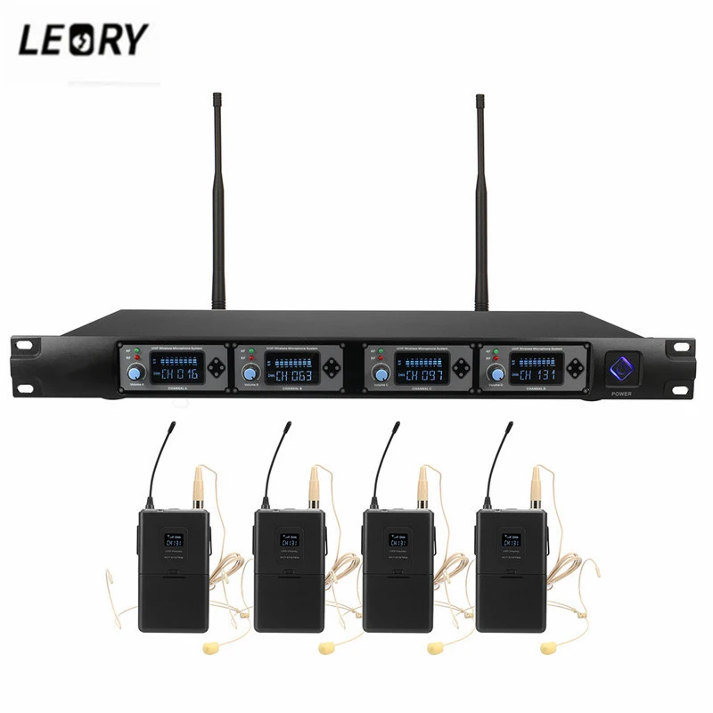 LEORY ميكروفون لاسلكي نظام U-F4000D 4 Bodypack الارسال ميكروفون 4-قناة UHF الديناميكي كاريوكي المرحلة KTV مؤتمر