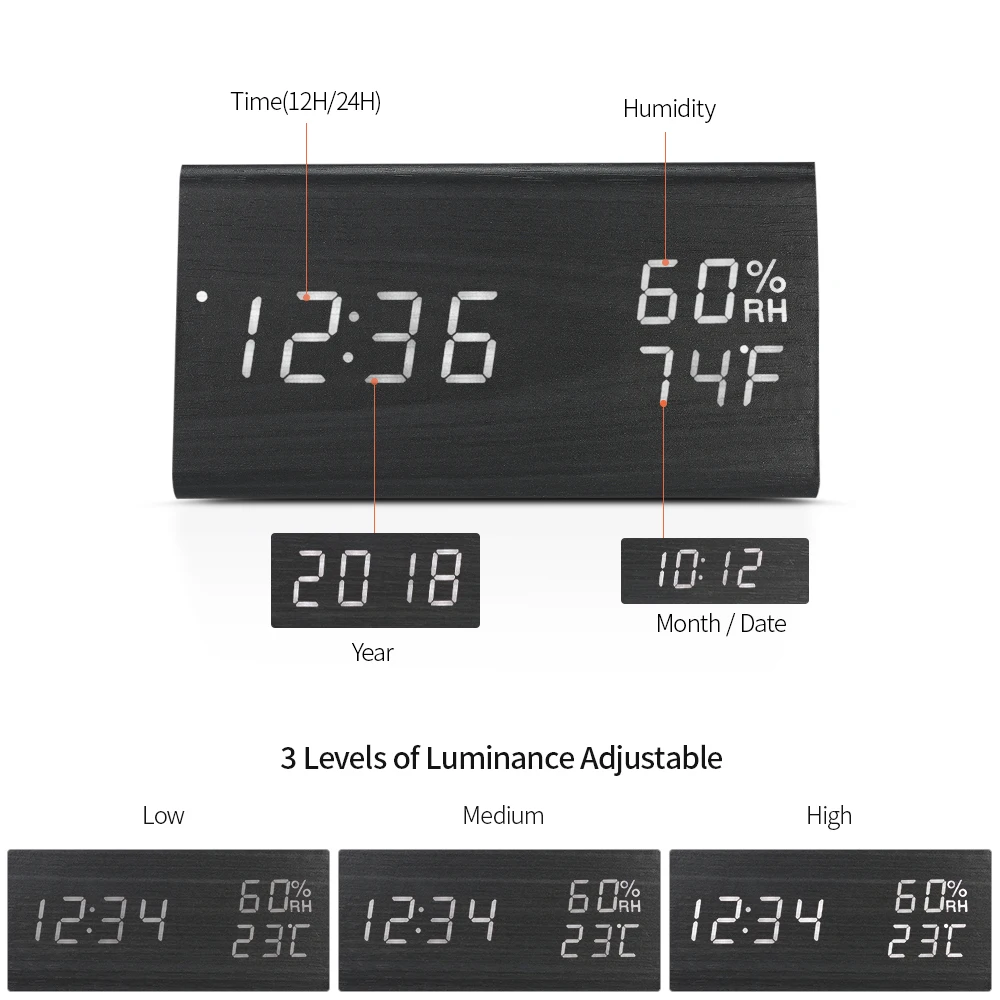 Деревянный цифровой будильник светодиодный Будильник USB/питание от батареи диммер комнатный гигрометр термометр часы со звуковым управлением