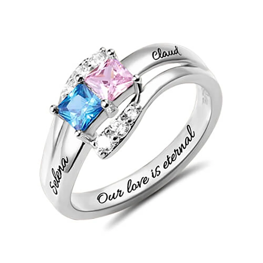 Sweey Wholesale Factory Unique Jewelry Engraved Two Birthstones Couple Silver 925 Rings for Women Valentines Gift
