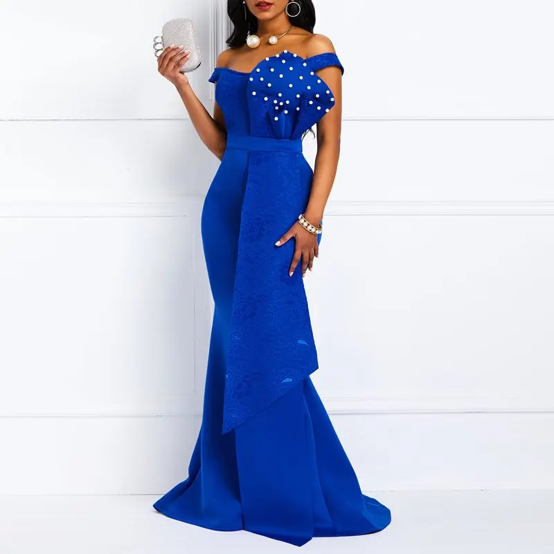 Günstige Frauen Lange Kleid Sommer Sexy Meerjungfrau Perlen Off Schulter Mode Robe Prom Abend Dame Kleid Elegante 2019 Afrikanische Maxi Kleider