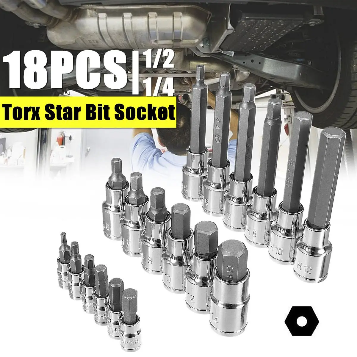 

18pc Torx Star Bit Socket Garage Workshop Tool Set 1/2" 1/4" inch Long Drive Professional Durability for Locomotive Assembly