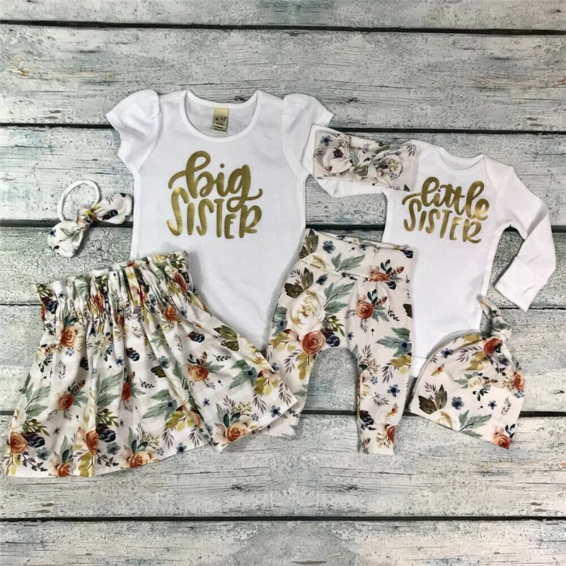 Toddler Baby Girls Little Sister Romper Big Sister T-Shirt Tops Matching Outfits Set Floral Tutu Skirt and Pants
