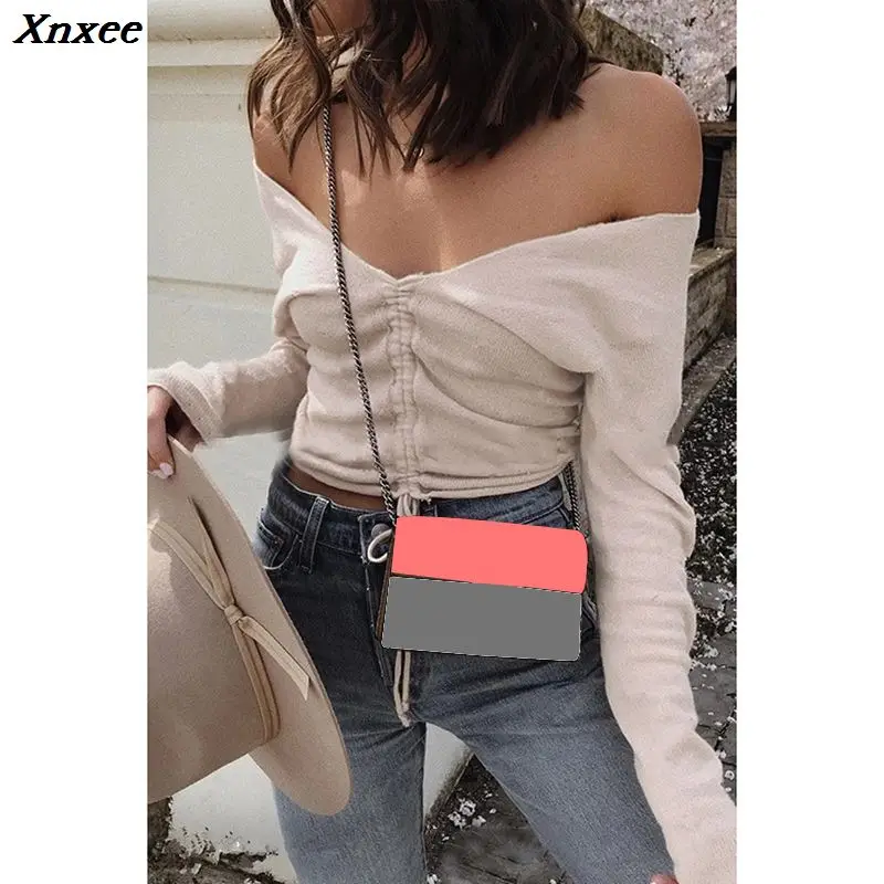 Sweater Women Sexy Off Shoulder V-Neck Solid Drawstring Women Sweaters Knitted Jumper Tops Long Sleeve Pullover Sweater Xnxee