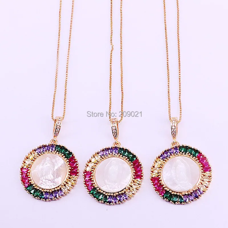

5Pcs Gold Colors Pave Rainbow Cubic Zirconia And Shell Round Pendant Women's Fashion Jewelry necklaces