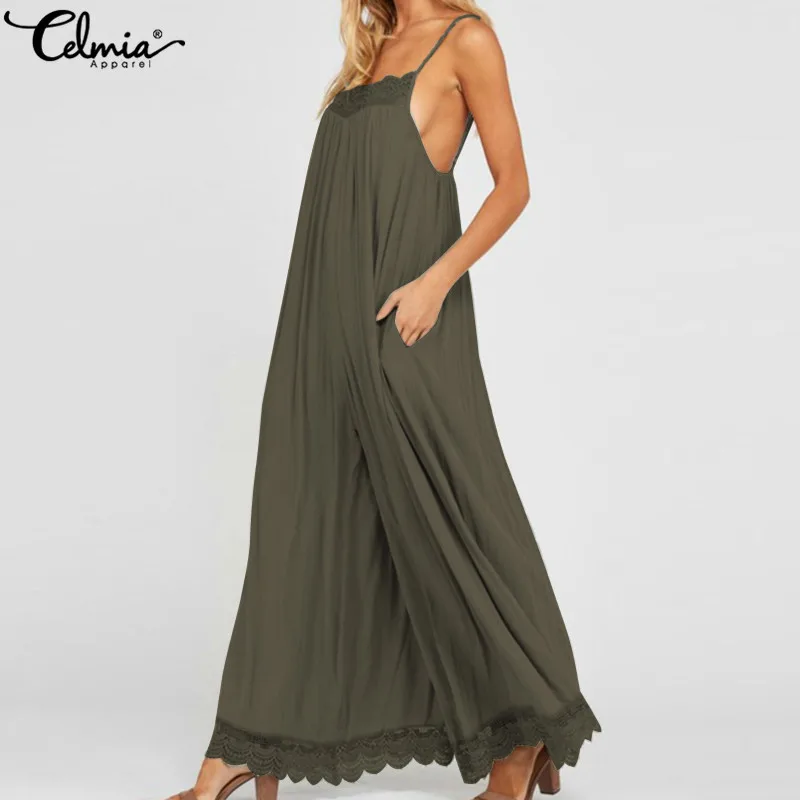 

Celmia Plus Size Summer Overalls Sleeveless Rompers 2019 Women Lace Jumpsuits Sexy Straps Backless Casual Long Wide Leg Trousers