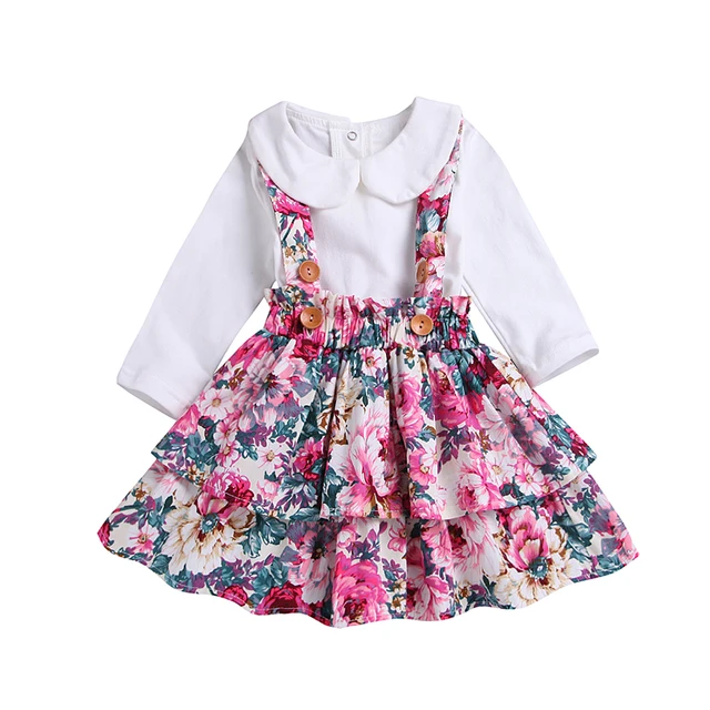 Toddler Kids Baby Girl White T Shirt Tops Suspender Floral Skirt