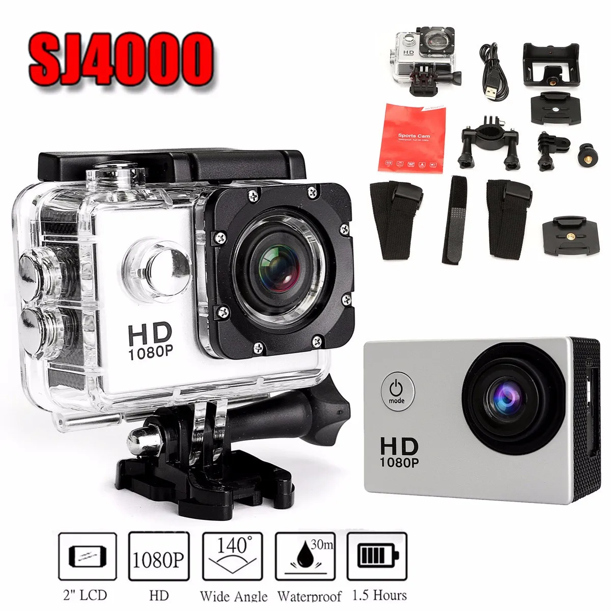 

A7 SJ4000 2.0'' LCD HD 30M Waterproof 140 Degree Action Sports Camera Multi-Language Yellow/Silver/Black Removable Battery