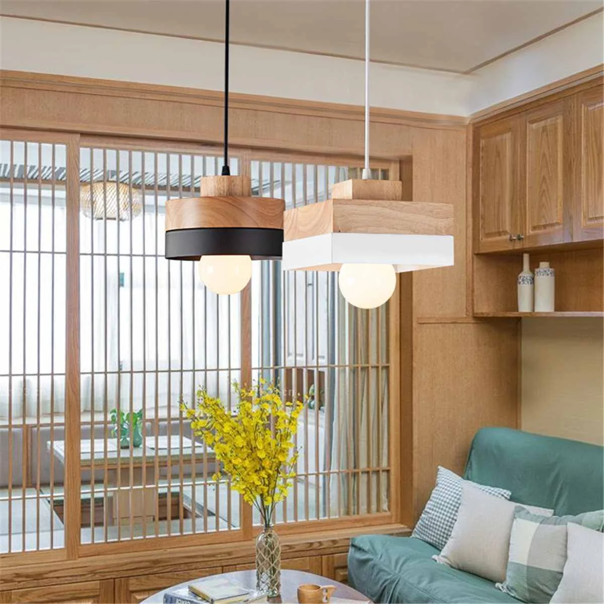 

Modern Wooden Pendant Light Bar Cafe Restaurant Kitchen Pendant Lamp Black White Study Office Corridor Living Room Dining Room
