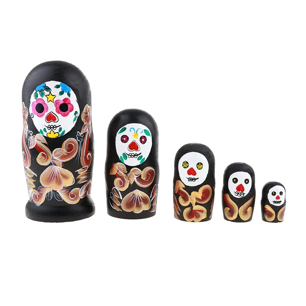 5pcs Handmade Skeleton Printed Babushka Russian Nesting Doll Matryoshka Toy
