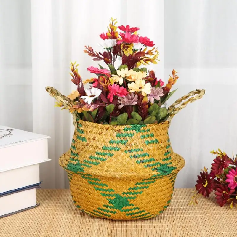 

Foldable Grass Plaid Woven Hanging Storage Bellied Basket Toys Container Home Garden Plants Flower Straw Handle Pot