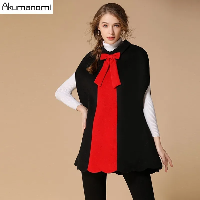 Winter Coat Women's Wool Blend Capes Vests Coat O Neck Bow