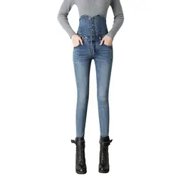 Пикантная Зимняя Теплая Флисовая джинсы Для женщин Бархатные Высокие эластичные талия Кнопка джинсовые штаны утепленные обтягивающие