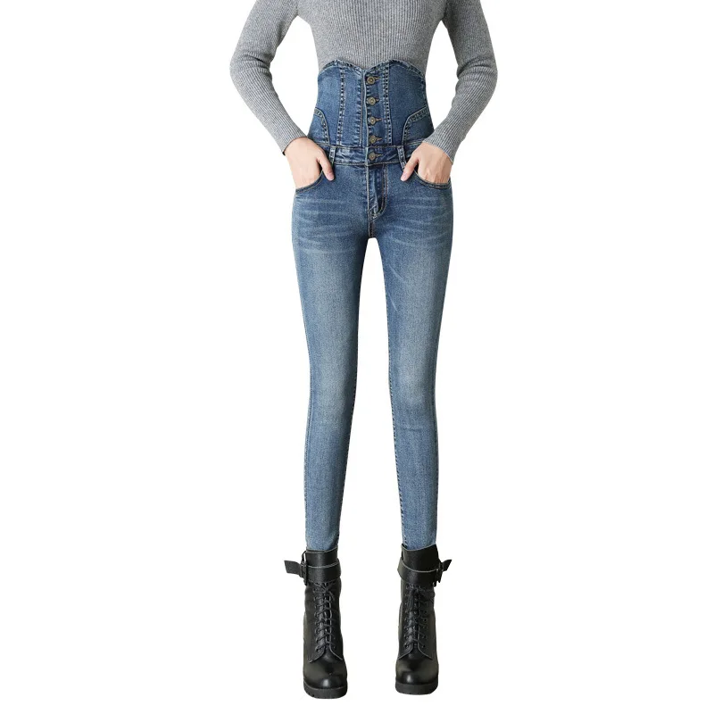

Sexy Winter Warm Fleeces Jeans Women Velvet High Elastic Waist Button Denim Pants Thicken Skinny Pencil Trousers Jeans Plus Size