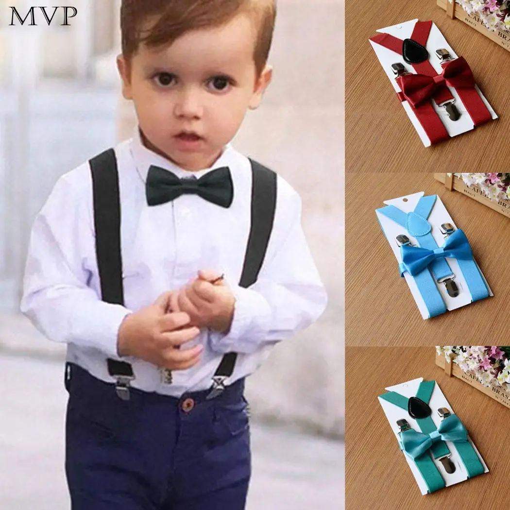 Kids Suspenders and Bow Tie Set Children Kids 3 Clips Suspenders and 1