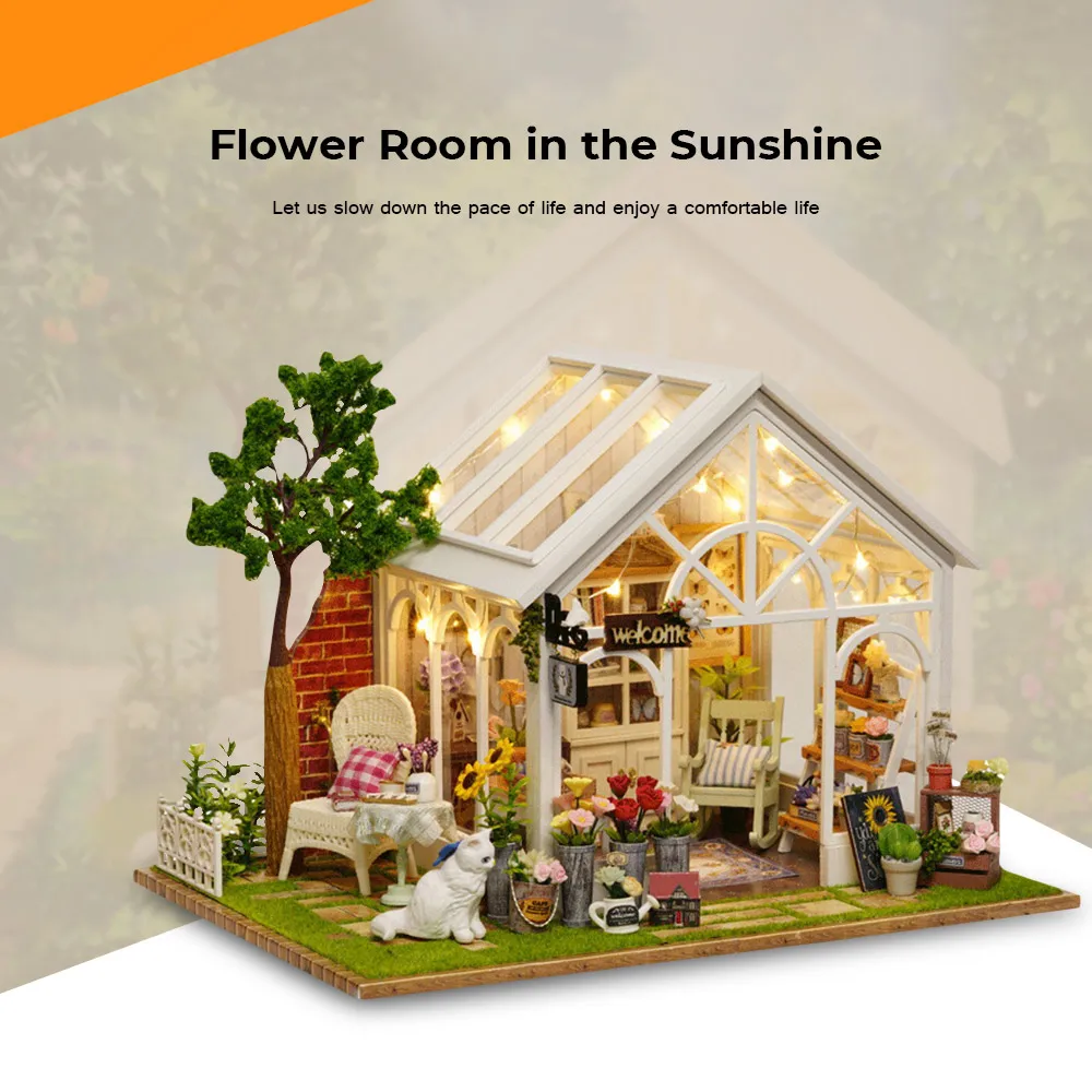

CUTE ROOM DIY House With Furniture Kids Adult Miniature Wooden Doll House Model Building Kits Cabin Hand-Assembled Flower House