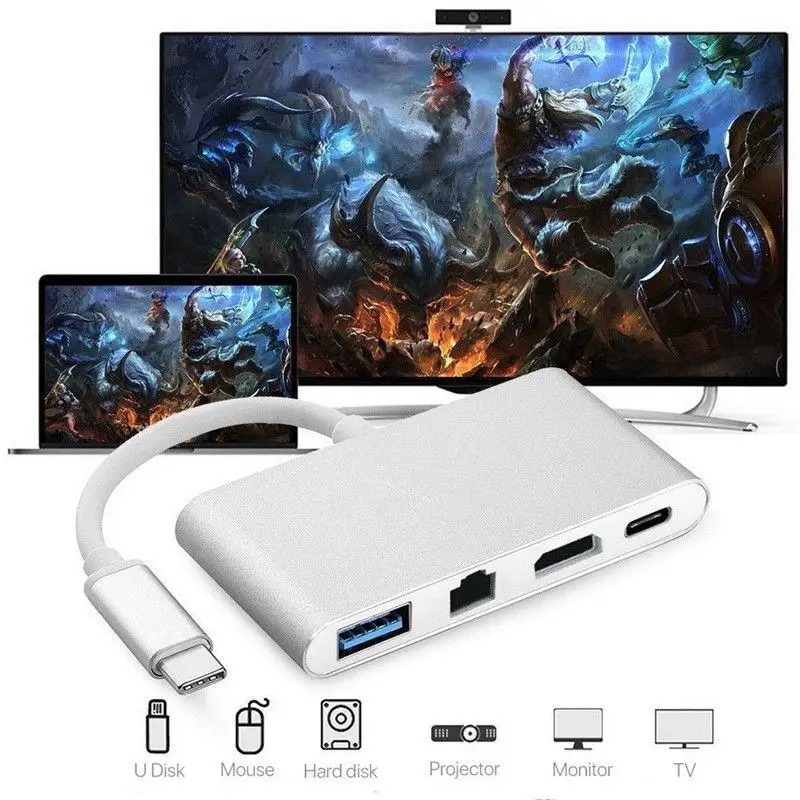 USB C к HDMI 4K + RJ45 Gigabit Ethernet 3 1 Type концентратор адаптера 4в1-C r c r25 |