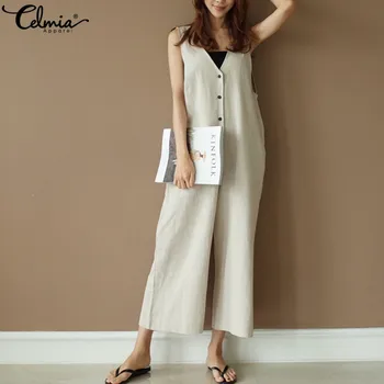

Celmia 2019 Summer Vintage Women Jumpsuits Sleeveless Rompers Wide Legs Pants Linen V-neck Button Down Overalls Casual Plus Size